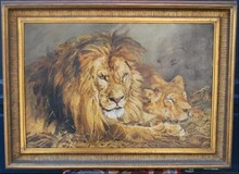 Antique painting "Lion and Lioness"