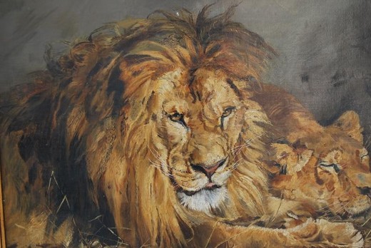Antique painting "Lion and Lioness"