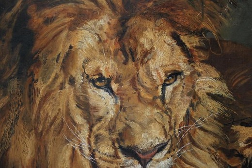 Antique painting "Lion and Lioness"