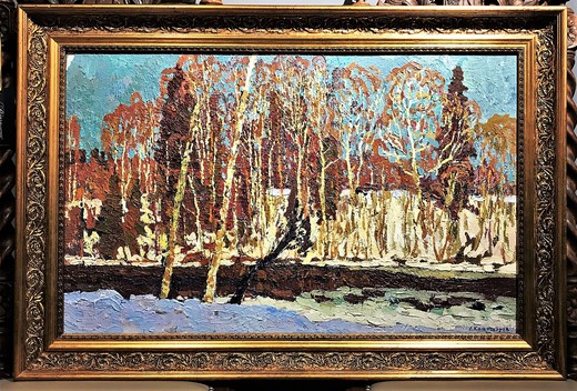Antique painting "On the River Mste"