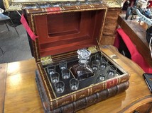 Antique leather false books case liquor set