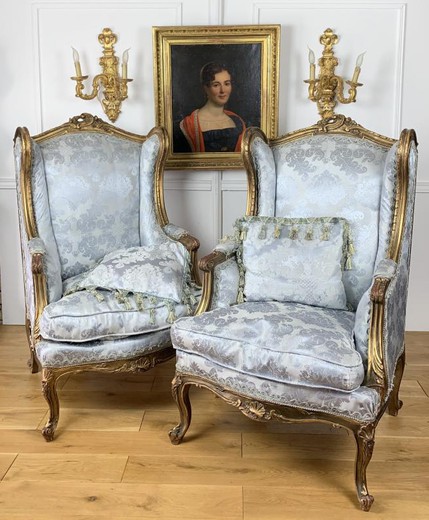 Pair antique bergeres armchairs Louis XVI
