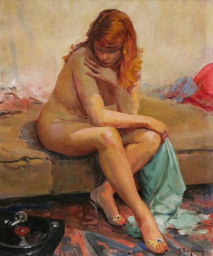 Antique painting "Nude with a record player"