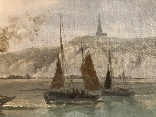 Антикварная картина "Парусники в порту"