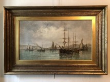 Antique painting "Sailboats in the port"