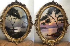 Antique pair paintings "Sunrise and Sunset"