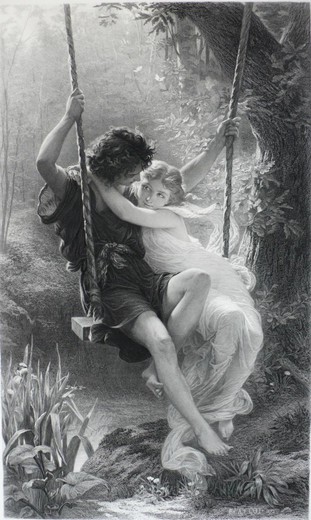 антикварная гравюра весна по картине Пьера Огюста Кота 19 век