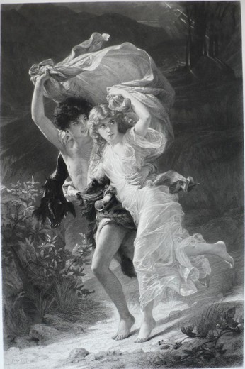 антикварная гравюра шторм по картине Пьера Огюста Кота 19 век
