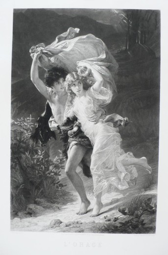 старинная гравюра шторм по картине Пьера Огюста Кота 19 век