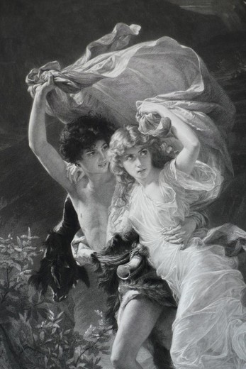 винтажная гравюра шторм по картине Пьера Огюста Кота 19 век