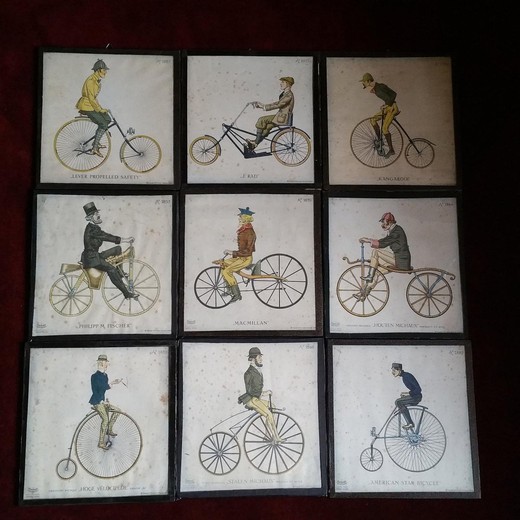Set of nine engravings "Models of bicycles"