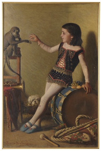 Антикварная картина "Девочка с обезьянкой"