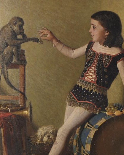 Антикварная картина "Девочка с обезьянкой"
