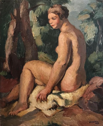Antique painting naked in the garden