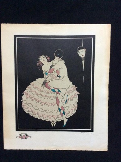 Lithograph " harlequin, Columbine and Pierrot»