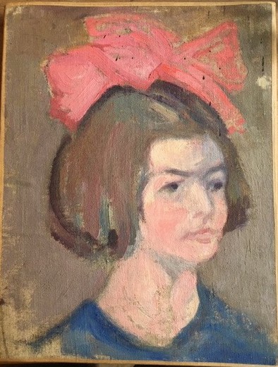 Antique painting "Girl with a red bow"