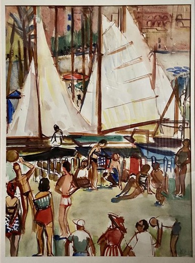 Antique painting "On the Beach"