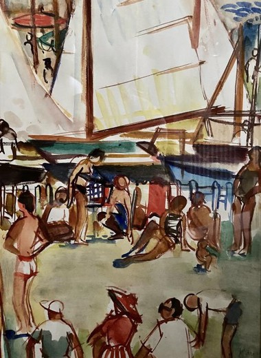 Antique painting "On the Beach"