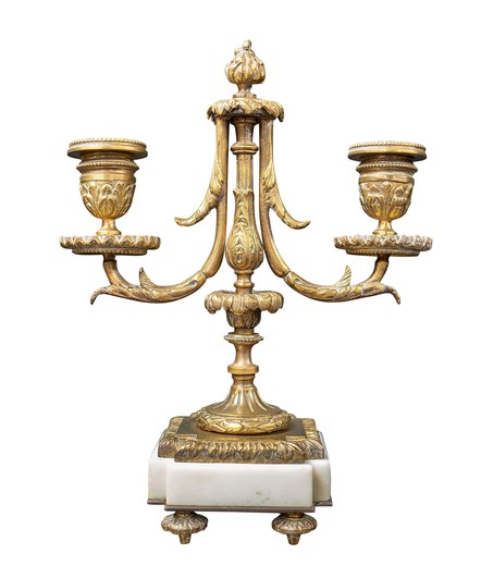 Antique mantel clock and paired candlesticks