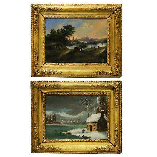 антикварные парные картины у озера в раме из золоченого дерева XIX века купить в Москве