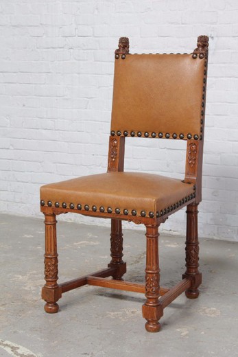 набор антикварных 12 дубовых стульев в стиле ренессанс с кожаной обивкой, антиквариат, столовый набор в стиле ренессанс