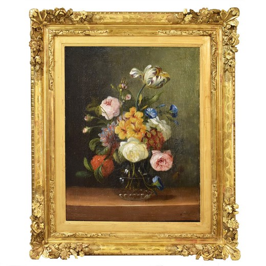 Antique painting representing roses and tulips