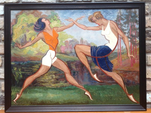 Antique painting "Gymnasts"