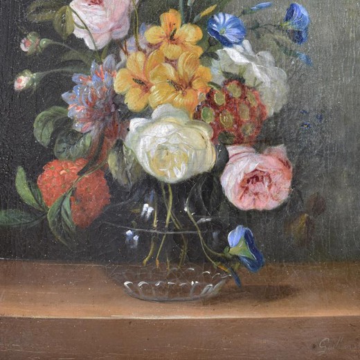 Антикварная картина "Розы и тюльпаны"