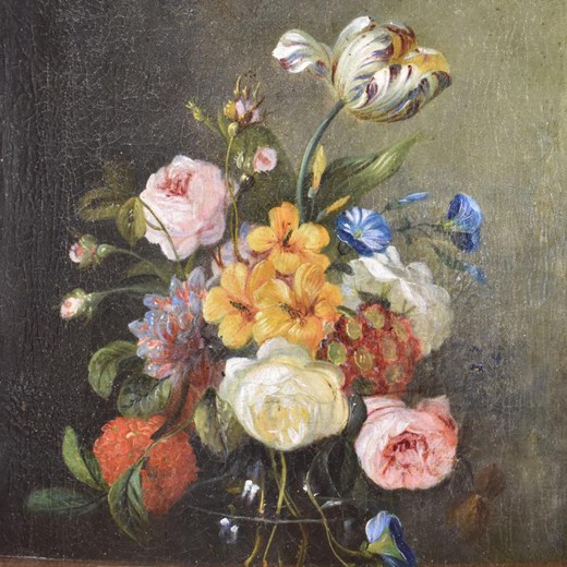 Antique painting representing roses and tulips