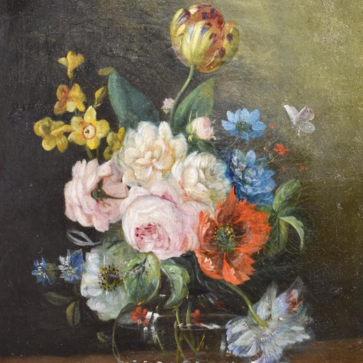Antique painting "Roses with tulips"