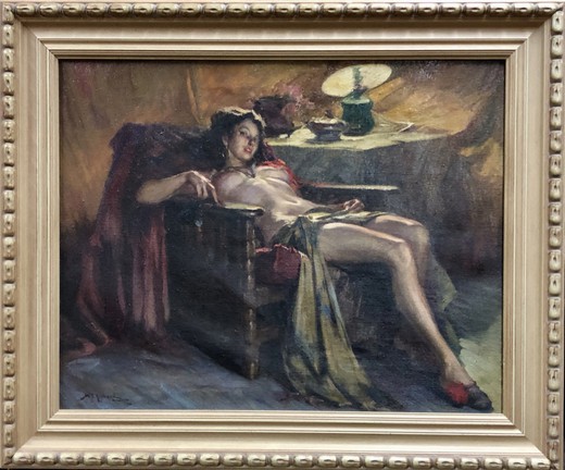 Antique painting "A woman waiting for intimacy"
