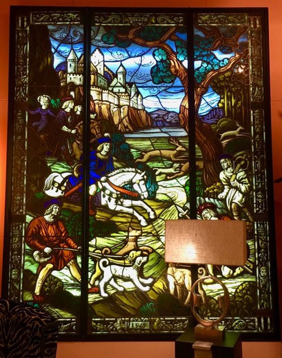 Antique stained glass representing Royal hunting