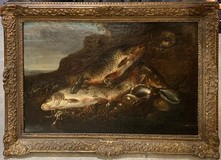 Antique painting "Still life with carps"