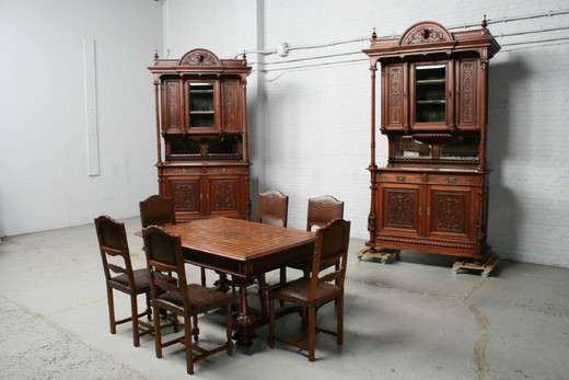 антикварная мебель - столовый гарнитур ренессанс из ореха и кожи, 19 век