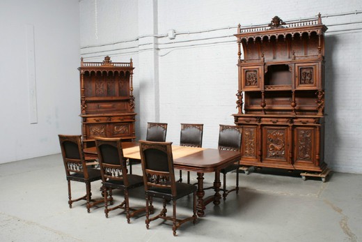 антикварная мебель - столовый гарнитур ренессанс из ореха и кожи, 19 век
