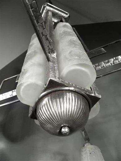 антикварный потолочный светильник, стекло и железо, 20 век