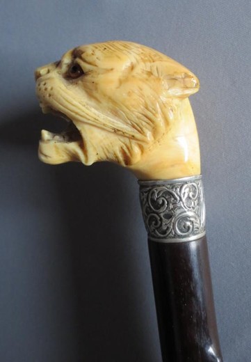 трость антик голова тигра, черное дерево и слоновая кость