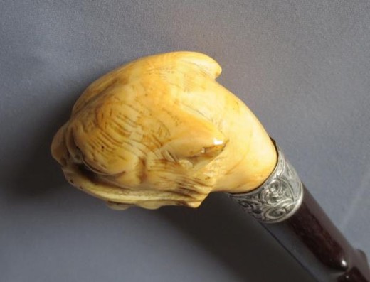 старинная трость с головой тигра, дерево и кость