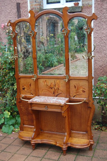 антикварная мебель - вешалка с зеркалом в стиле ар-нуво, дуб