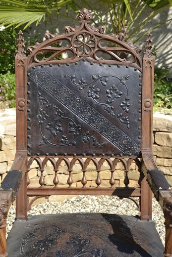 gothic old furniture leather and walnut armchair