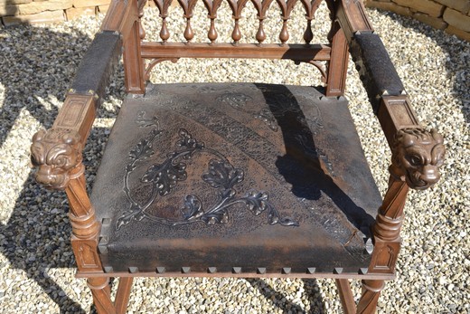 old gothic walnut and leather armchair 