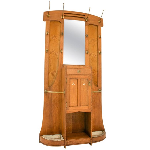 антикварная мебель - вешалка с зеркалом, дуб и латунь