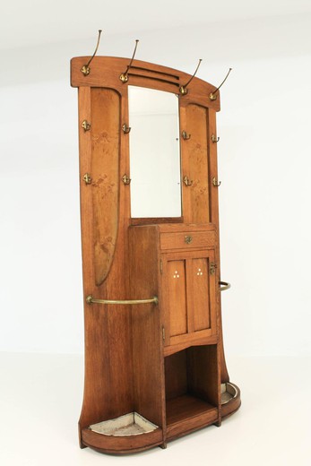 старинная мебель - вешалка с зеркалом, дуб и латунь