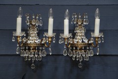 Pair brass and crystal sconces