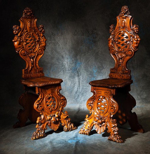 антикварные парные стулья барокко из ореха