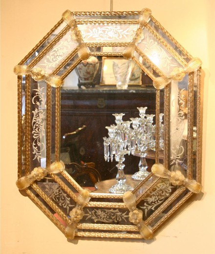 антикварное восьмиугольное зеркало из муранского стекла, 20 век