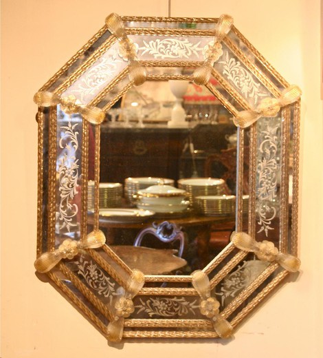 антикварное зеркало из муранского стекла с узорами, середина 20 века