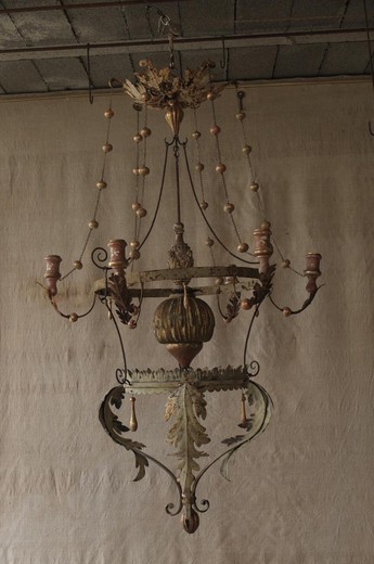 большая антикварная люстра с оловом и золочением, 19 век