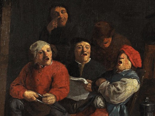 антикварная картина группа певцов у камина, холст и масло, 17 век