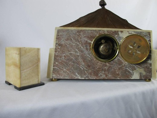 винтажные часы из бронзы и мрамора, стиль ар деко, 20 век